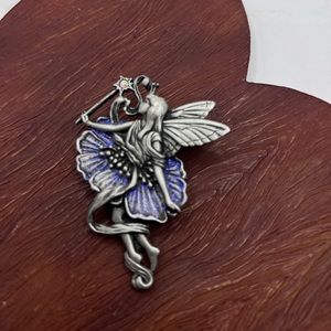 VINTAGE JJ JONETTE PEWTER MAGICAL WINGED FAIRY FLORAL PURPLE GLITTER BROOCH
